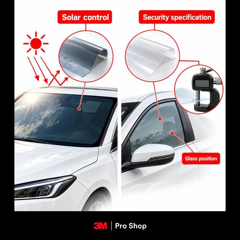 Infographic of a solar-control film sample beside a windscreen and a security film sample with a blank thickness gauge beside a side door, labelled Solar control, Security specification and Glass position.