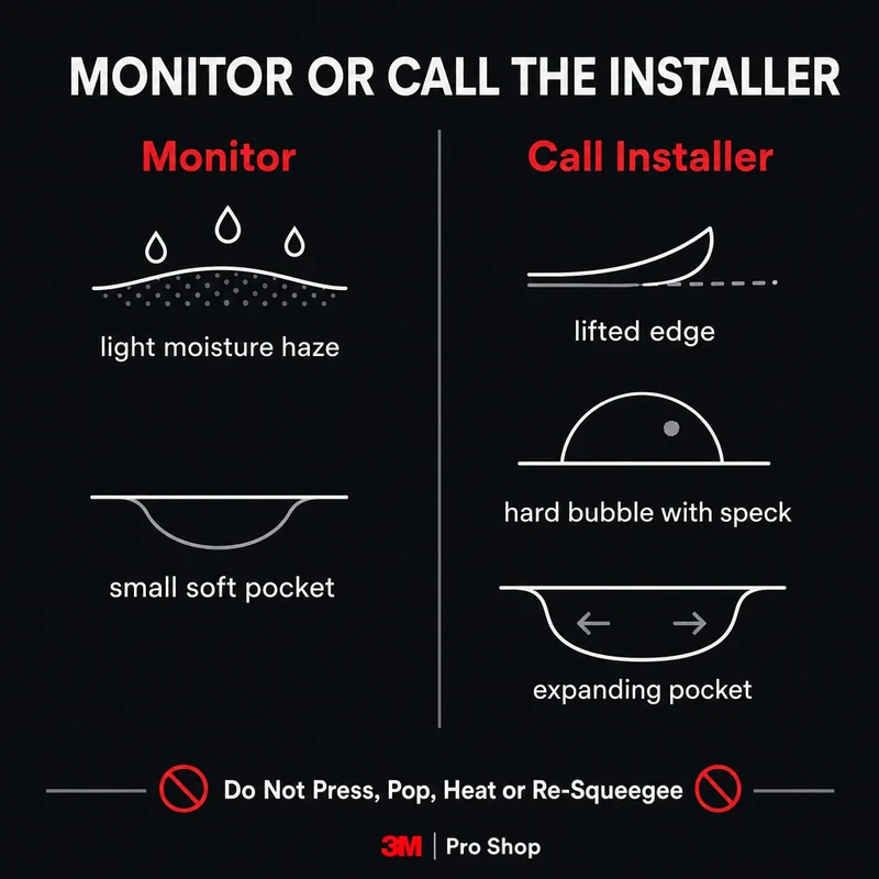 Fresh PPF warning-sign infographic comparing normal moisture haze with edge lifting and debris bubbles.