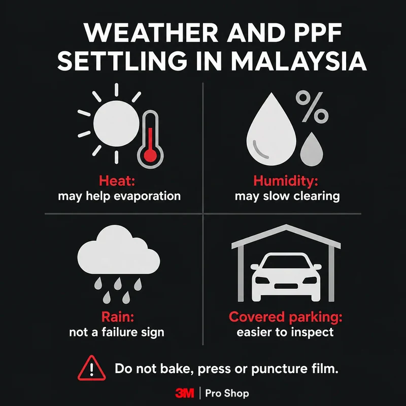 PPF curing time infographic showing how Malaysian heat, humidity, rain, and parking affect settling.