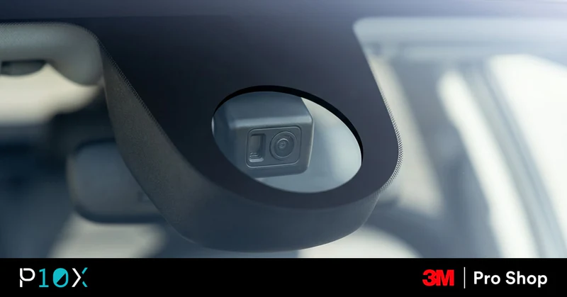 Windshield ADAS camera with a clear film cutout showing whether window tint affects ADAS