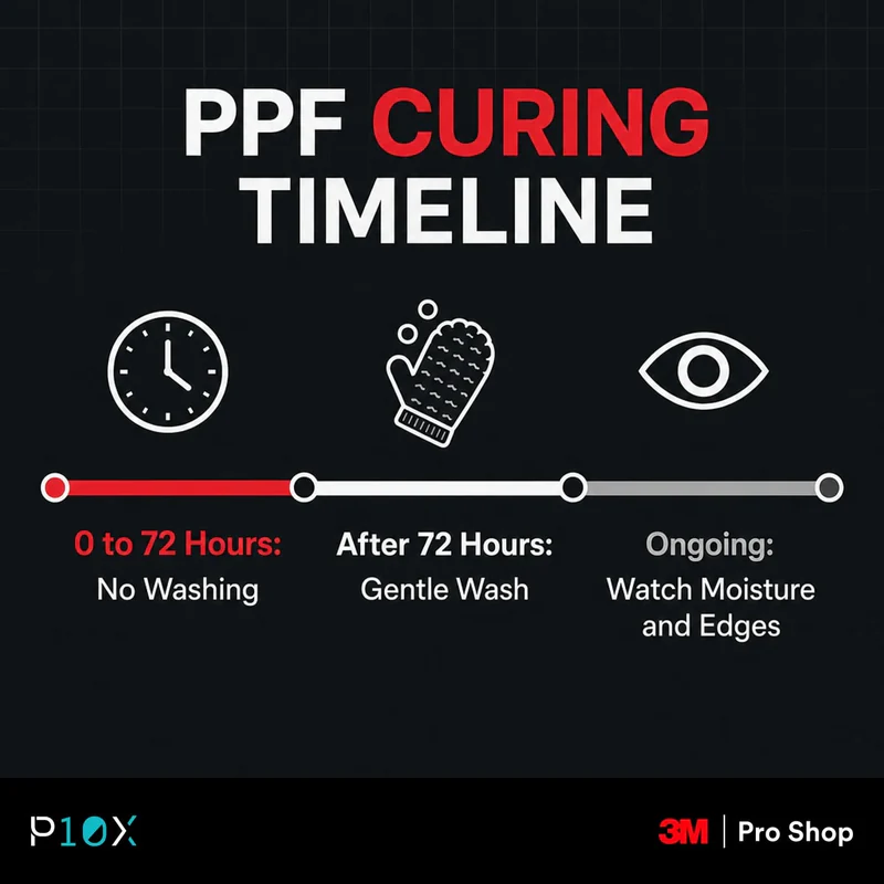 PPF curing time infographic comparing the first 72 hours, safe washing, and ongoing visual settling.