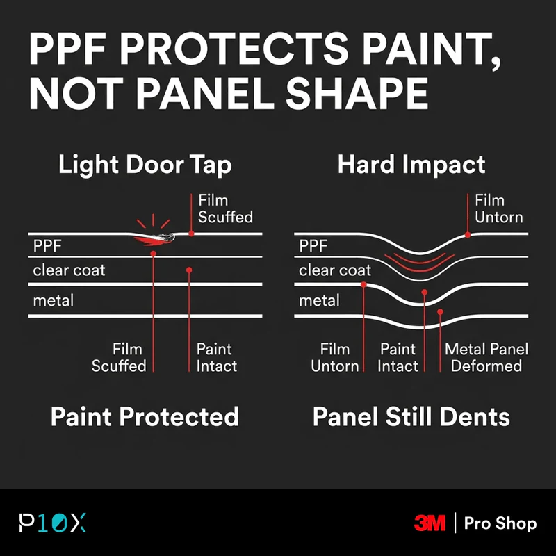 Infographic showing PPF may preserve paint while a hard door impact dents metal.