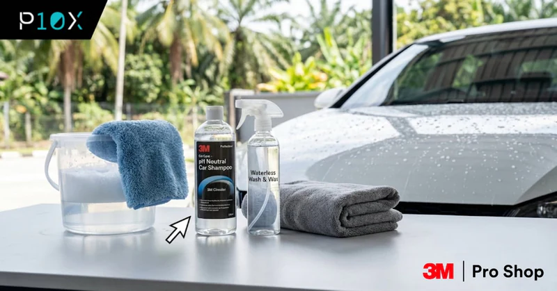 How to maintain PPF on car Malaysia showing recommended pH-neutral cleaning products including microfiber towels and gentle shampoo for safe paint protection film care
