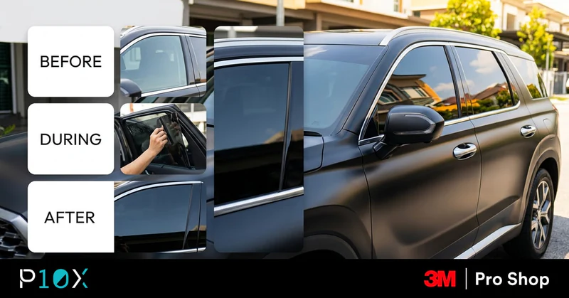 Car tint checklist Malaysia shown as a before during after card beside a freshly tinted SUV