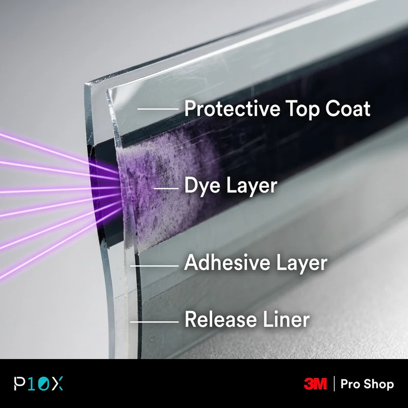 Cutaway showing why dyed window film fades to purple as UV breaks down the dye layers