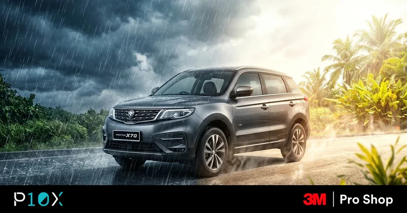 Car care tips Malaysia feature image showing one car facing both monsoon rain and tropical heat