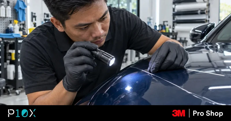 Technician inspecting clear PPF on a dark blue bonnet with a torch.