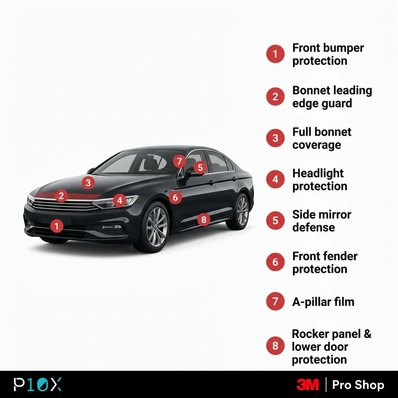 PPF for stone chips Malaysia priority map showing 8 panels to protect first on a sedan
