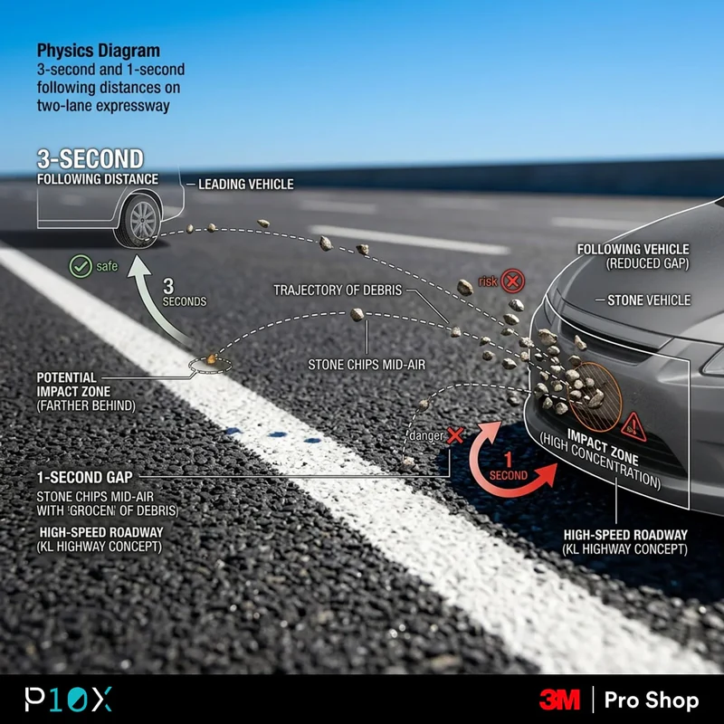 KL highway stone chips physics diagram comparing a 3-second following distance to a 1-second gap on a two-lane expressway.