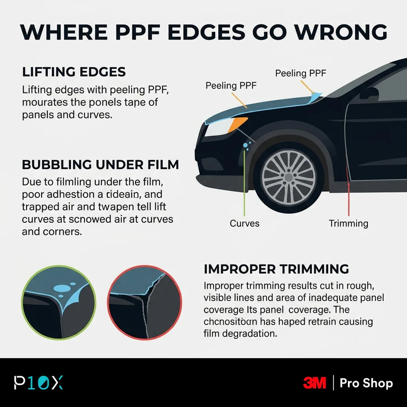 Pre-cut vs hand-cut PPF edge coverage infographic showing safe gaps, wrapped edges and poor corners.