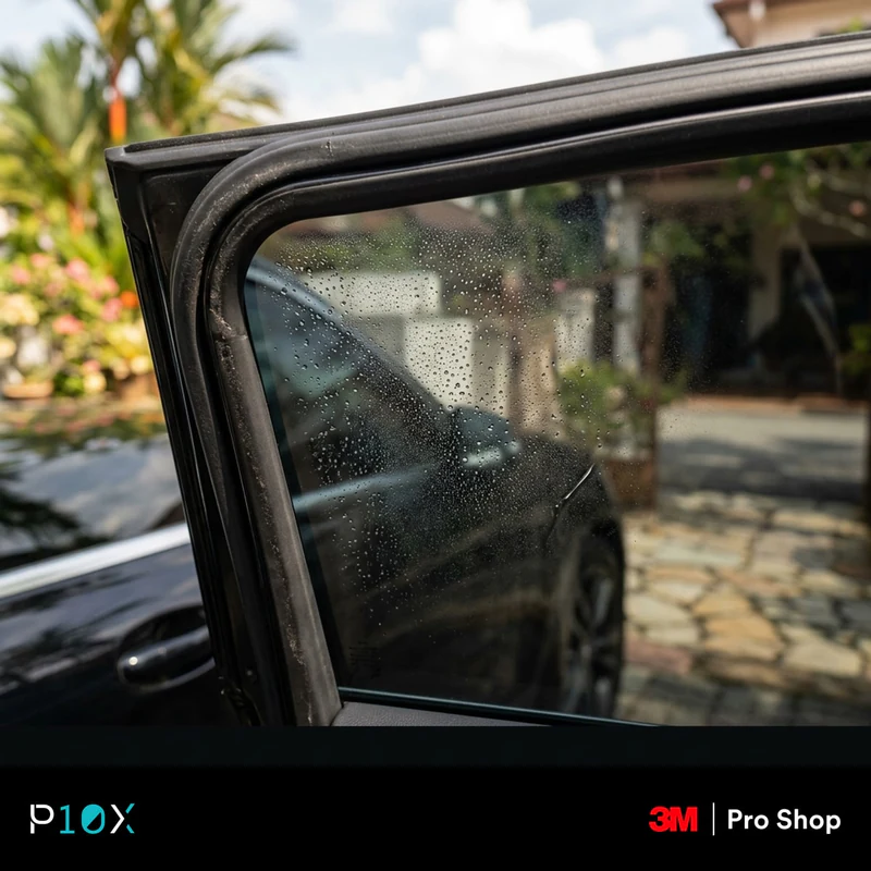 A new car window in a Malaysian driveway showing normal clear water bubbles and slight haze during curing.