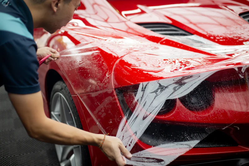 Person applying transparent protective film over the front left side of a red sports car.