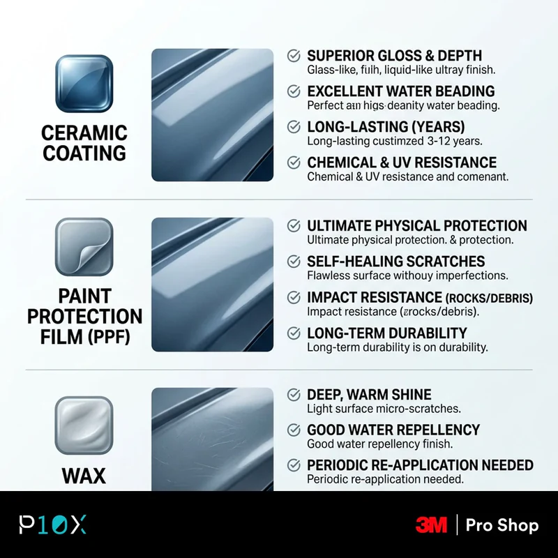 Ceramic coating vs PPF vs wax Malaysia comparison chart