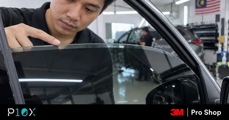 Technician showing a small normal window tint gap at the top edge of car glass.