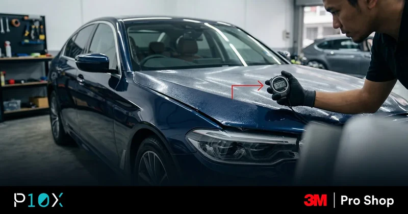PPF curing time shown by a 72-hour no-wash reminder card on a freshly protected dark blue sedan before washing.