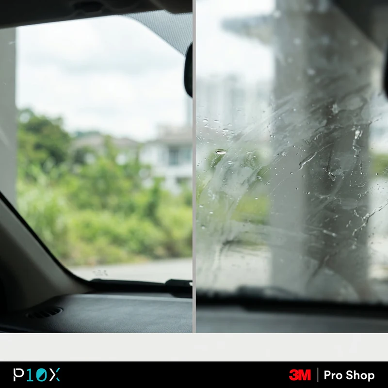 Windscreen blurry causes Malaysia diagnostic water test split image of clean versus contaminated glass