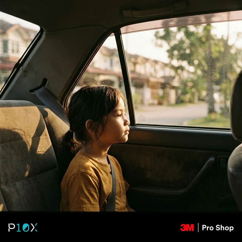 Where low-angle afternoon sun reaches a child in the back seat through the rear windows